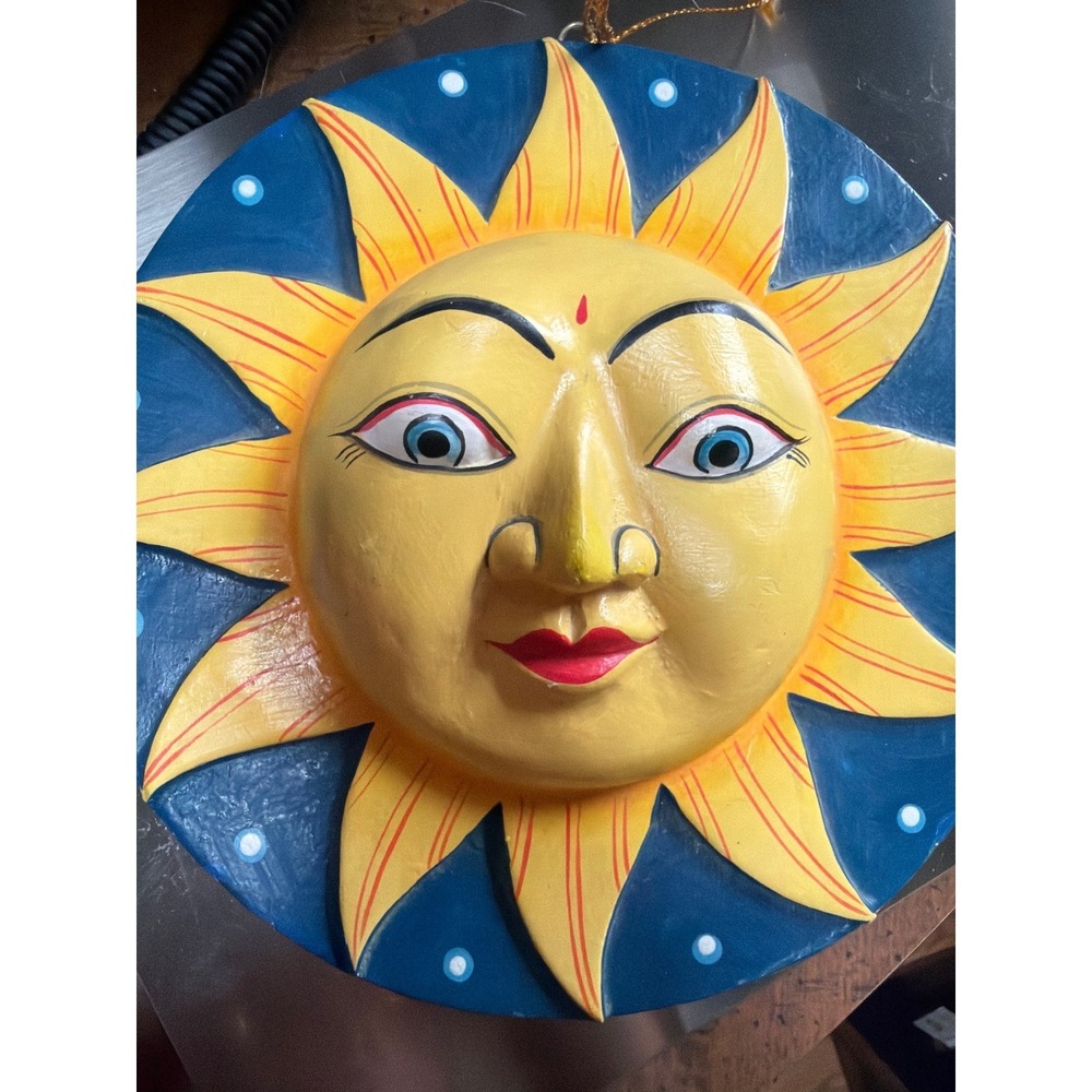 Vintage Sun Moon Face Wooden Wall Plaque Celestial Indonesia Folk Art Decor